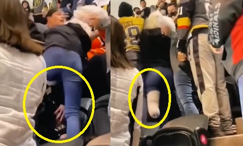 Female fan at hockey game uses prosthetic leg as a weapon during altercation in the stands (video)