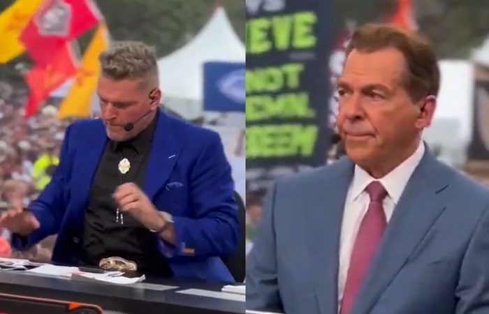 72-year-old Nick Saban eyeballs Pat McAfee during goofy dance